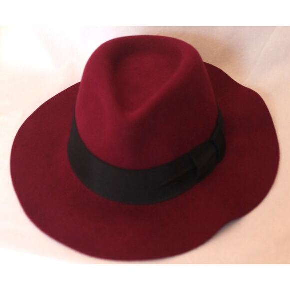 Womens Burgundy Fedora Hat Wide Brim Black Ribbon Band - Picture 7 of 9